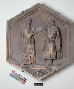 Geometry or Arithmetic, hexagonal decorative relief tile from a series depicting the Seven Liberal Arts, possibly based on designs by Giotto, c.1334-48